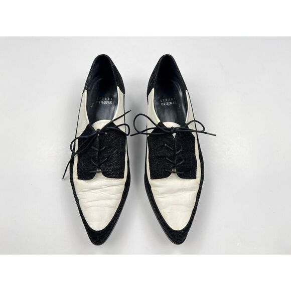 Stuart Weitzman Derbies Flats Women 7.5M Pointed Toe Lace-up Black White‎